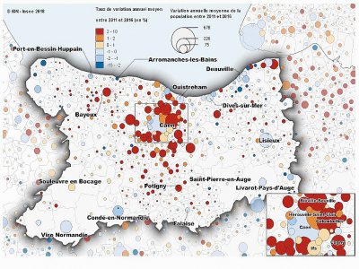 Taux de variation de la population des communes dans le Calvados - INSEE