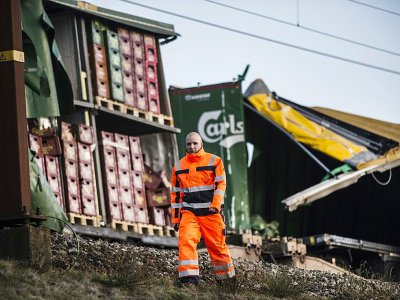 Un employé des chemins de fer passe devant les wagons endommagés d'un train de marchandises sur le pont du Grand Belt au Danemark après un accident meurtrier, le 2 janvir 2019 - Tim Kildeborg Jensen [Ritzau Scanpix/AFP]