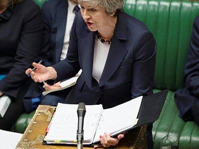 Theresa May, ici le 9 janvier 2019 devant la chambre des Communes, Theresa May, n'exclut officiellement pas un Brexit brutal en cas de rejet, très probable, de l'accord de divorce négocié pendant de longs mois avec Bruxelles.  AFP PHOTO /JESSICA TAYL - Jessica TAYLOR [UK PARLIAMENT/AFP]