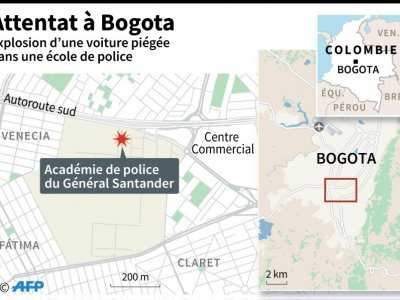 Localition de l'école de police visée par un attentat à la voiture piégée jeudi à Bogota - Gustavo IZUS [AFP]