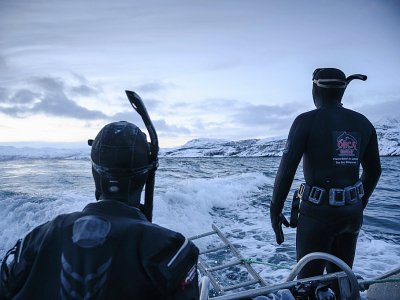 Pierre Robert de Latour (d), fondateur de l'association Orques sans frontières, observe des orques dans le fjord Reisafjorden, le 13 janvier 2019 dans l'extrême-nord de la Norvège - Olivier MORIN [AFP]