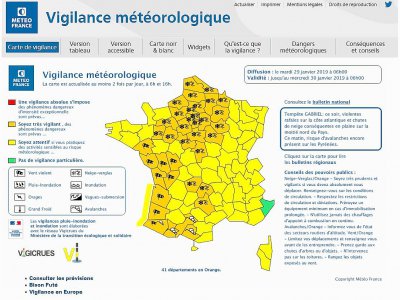 Météo France place en vigilance orange 37 départements. - Capture d'écran Météo France