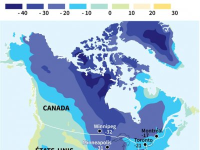 Les températures prévues pour jeudi 31 janvier à 12h00 GMT en Amérique du Nord - Laurence SAUBADU [AFP]