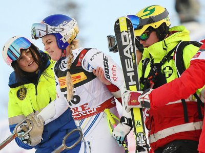 L'Américaine Lindsey Vonn blessée lors du Super G à Are lors des Mondiaux de ski alpin le 5 février 2019 - Jonathan NACKSTRAND [AFP]