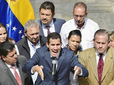 L'opposant Juan Guaido, qui s'est proclamé président du Venezuela, lors d'une conférence de presse le 4 février 2019 à Caracas - Yuri CORTEZ [AFP]