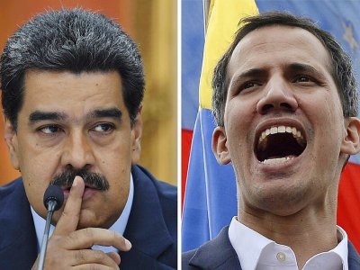 Photomontage créé le 5 février 2019 montrant le chef de l'Etat Nicolas Maduro durant une conférence de presse à Caracas le 9 janvier 2019 et le président autoproclamé Juan Guaido lors d'une manifestation de l'opposition à Caracas le 23 janvier 2019 - STF [AFP/Archives]