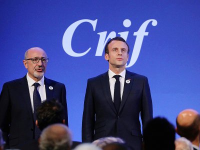 Le président Emmanuel Macron et le président du Crif, Francis Kalifat (g), le 20 février 2019 à Paris - LUDOVIC MARIN [POOL/AFP]