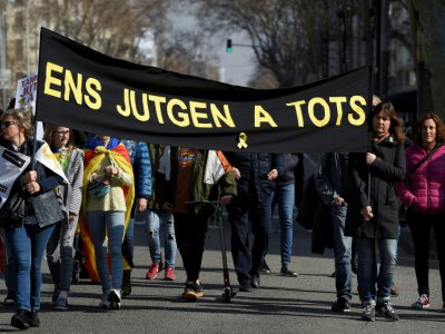 Manifestation contre le procès des dirigeants indépendantistes catalans, le 21 février 2019 à Barcelone - LLUIS GENE [AFP]