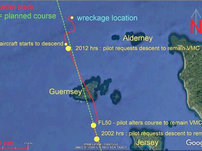 La trajectoire de l'avion au dessus des îles Anglo-Normandes - AAIB