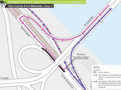 Un nouveau carrefour à feux tricolores est mis en place sous le pont Mathilde pour rediriger vers les quais bas. - Métropole Rouen Normandie