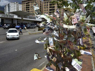 Un arbre décoré de billets démonétisés par l'hyperinflation, le 10 mars 2019 à Caracas - YURI CORTEZ [AFP]
