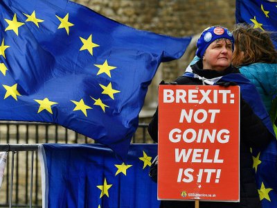 Une manifestante anti-Brexit devant le Parlement à Londres, le 13 mars 2019 - Ben STANSALL [AFP]