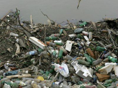 Des bouteilles en plastique échouées sur la rive du fleuve Tiete, à Sao Paulo, au Brésil, le 30 janvier 2008 - MAURICIO LIMA [AFP]