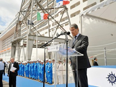 Gianluigi Aponte, patron du groupe MSC, inaugure en 2009 le paquebot MSC Splendida à Saint-Nazaire - FRANK PERRY [AFP/Archives]