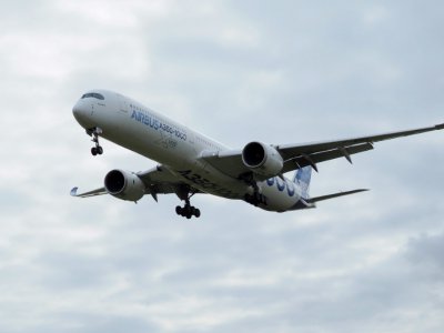 Un Airbus A350-1000 lors d'un vol d'essai le 8 février 2019 au-dessus de l'aéroport de Chateauroux (France) - GUILLAUME SOUVANT [AFP/Archives]