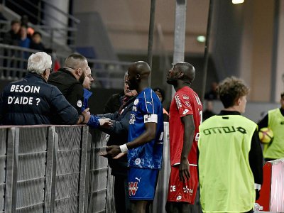 Le capitaine amiénois Prince Désir Gouano (g) se rapproche des supporters après des cris racistes à son égard et l'interruption du match face à Dijon, le 12 avril 2019 à Dijon - JEFF PACHOUD [AFP]