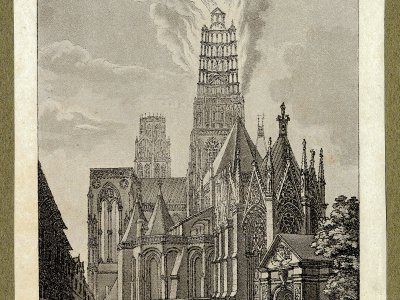 Sur cette gravure est représenté l'effondrement de la flèche après l'incendie causé par la foudre en 1822. - Archives départementales