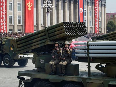 Parade militaire à Pyongyang, le 15 avril 2018 - Ed JONES [AFP]