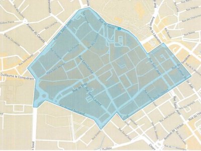 En bleu, le secteur du centre ville de Caen fermé à la manifestation. - Préfecture du Calvados
