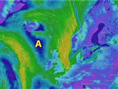 La carte des vents dominants prévu pour samedi 4 mai 2019 au matin (les couleurs ne correspondent pas aux températures) - windfinder.com