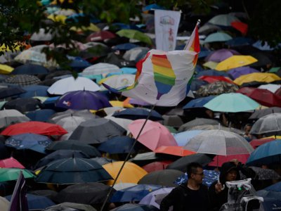 Des partisans du mariage gay rassemblés sous la pluie devant le Parlement, le 17 mai 2019 à Taipei, à Taïwan - Sam YEH [AFP]