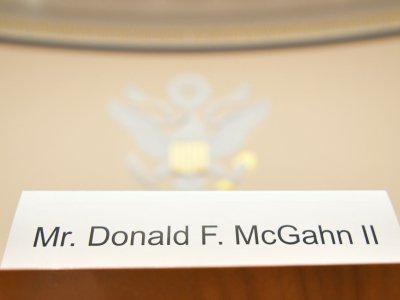 Le nom de Don McGhan installé pour son audition au Congrès, où il ne s'est pas présenté, le 21 mai 2019 à Washington - MANDEL NGAN [AFP]
