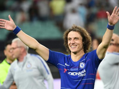La joie du défenseur brésilien de Chelsea David Luiz après la victoire contre Arsenal en finale de la Ligue Europa, le 29 mai 2019 à Bakou - Kirill KUDRYAVTSEV [AFP]