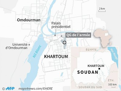 Carte de Khartoum au Soudan localisant le siège de l'armée et le palais présidentiel - Vincent LEFAI [AFP]