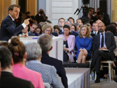 Emmanuel Macron lors de la conférence de presse donnée le 25 avril 2019 à l'issue du grand débat national - ludovic MARIN [AFP/Archives]