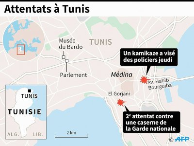 Localisation des deux attentats contre des policiers et une caserne à Tunis jeudi - [AFP]