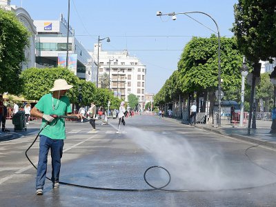 Un employé de la mairie de Tunis nettoie un secteur de l'avenue Habib Bourguiba, théâtre d'un attentat suicide la veille, le 28 juin 2019 - FETHI BELAID [AFP]