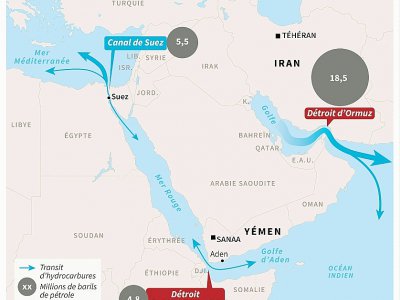 Carte du Moyen-Orient montrant les détroits d'Ormuz et de Bab el-Mandeb - Sophie RAMIS [AFP]