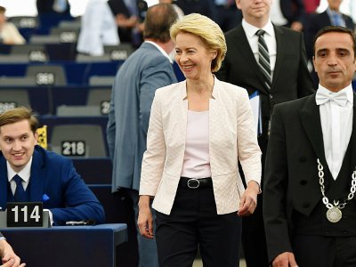 L'Allemande Ursula von der Leyen, candidate à la présidence de la Commission européenne, s'adresse au Parlement européen, le 16 juillet 2019 à Strasbourg dans l'est de la France - FREDERICK FLORIN [AFP]