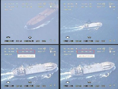 Photomontage créé à partir de captures d'écrans d'une vidéo diffusée par les Gardiens de la Révolution iraniens le 19 juillet 2019 qui montreraient des images obtenues par un drone iranien de  plusieurs navires - - [Iran's Islamic Revolutionary Guard Corps (IRGC)/AFP]
