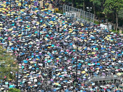 Des manifestants anti-gouvernementaux à Hong Kong, le 21 juillet 2019 - Anthony WALLACE [AFP]