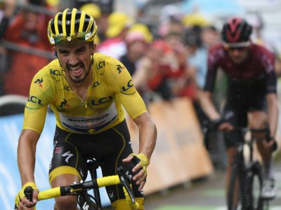 Le porteur du maillot jaune, le Français Julian Alaphilippe, à l'arrivée de la 15e étape du Tour de France, le 21 juillet 2019 à  Foix Prat d'Albis - JEFF PACHOUD [AFP]