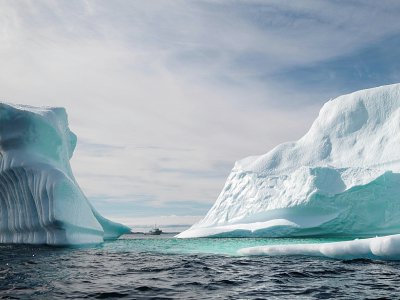 Le bateau du capitaine Edward Kean navigue à proximité d'un iceberg dans la baie de Bonavista, au large de Terre-Neuve, au Canada, le 29 juin 2019 - Johannes EISELE [AFP]