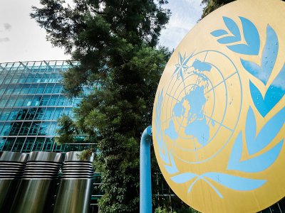Le sigle de l'Organisation mondiale de la météolorogie où se tient une réunion des experts de l'ONU sur le climat (Giec), le 2 août 2019 à Genève - FABRICE COFFRINI [AFP]
