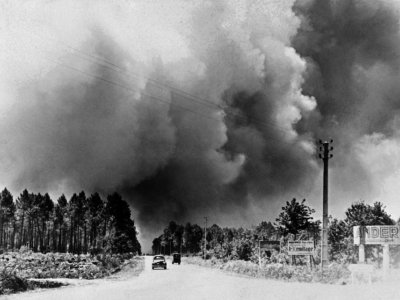 Photo prise le 22 août 1949 du gigantesque incendie dans le massif forestier des Landes de Gascogne qui fit 82 morts en Gironde - - [INTERCONTINENTALE/AFP/Archives]