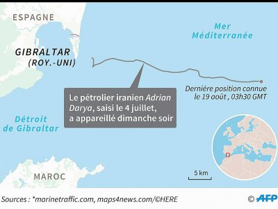 Carte localisant la dernière position connue du pétrolier iranien Adrian Darya, saisi à Gibraltar le 4 juillet - [AFP]