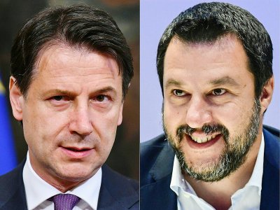 Le Premier ministre italien sortant Giuseppe Conte (G), à Rome le 3 juin 2019, et le ministre sortant de l'Intérieur Matteo Salvini (D), à Milan le 8 avril 2019 - Alberto PIZZOLI, Miguel MEDINA [AFP/Archives]