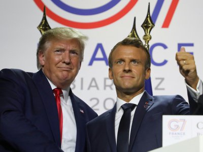 Les présidents américain Donald Trump et français Emmanuel Macron lors d'une conférence de presse à l'issue du G7, le 26 août 2019 à Biarritz - ludovic MARIN [AFP]