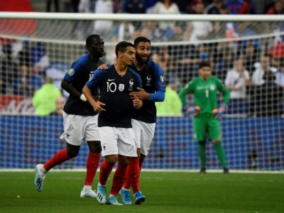 L'attaquant de la France Wissam Ben Yedder (c) buteur lors de la victoire 3-0 sur l'Andorre au Stade de France le 10 septembre 2019 - Lionel BONAVENTURE [AFP]
