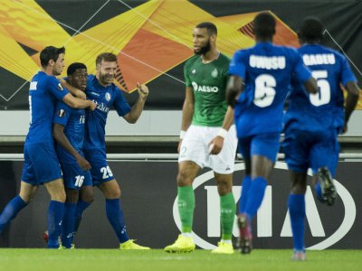 Les joueurs de La Gantoise fêtent leur deuxième but face à Saint-Etienne, en Ligue Europa, le 19 septembre 2019 à Gand - JASPER JACOBS [BELGA/AFP]