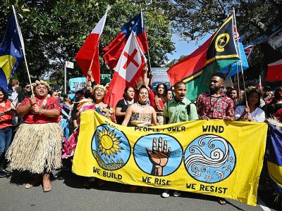 Des manifestants d'atolls du Pacifique manifestent à Sydney, le 20 septembre 2019 - PETER PARKS [AFP]