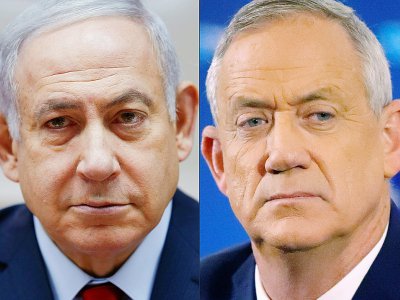 Montage photo du Premier ministre israélien Benjamin Netanyahu (à gauche, à Jérusalem le 9 décembre 2018) et de son adversaire Benny Gantz, ancien chef de l'armée (à droite, le 1er avril 2019 à Tel Aviv) - Oded Balilty, JACK GUEZ [AFP/Archives]