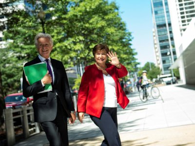 La nouvelle directrice générale du FMI Kristalina Georgieva et le porte-parole du Fonds Gerry Rice, le 25 septembre 2019 - Eric BARADAT [AFP]