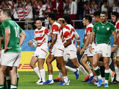 L'ailier japonais Kenki Fukuoka vient d'inscrire l'essai de la victoire historique du Japon contre l'Irlande, le 28 septembre 2019 à Shizuoka - Anne-Christine POUJOULAT [AFP]