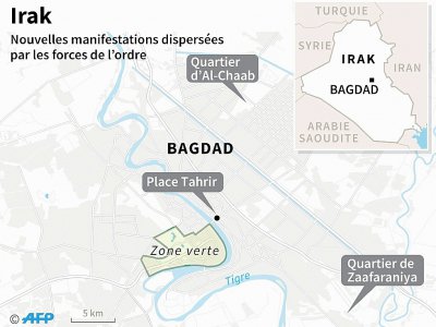 Carte de Bagdad localisant les quartiers où de nouvelles manifestations contre la corruption et le chômage ont été dispersées mercredi - Jonathan WALTER [AFP]