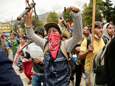 Manifestants à Quito le 8 octobre 2019, à la veille d'une grande manifestation contre la hausse de sprix du carburant décidée par le gouvernement - RODRIGO BUENDIA [AFP]